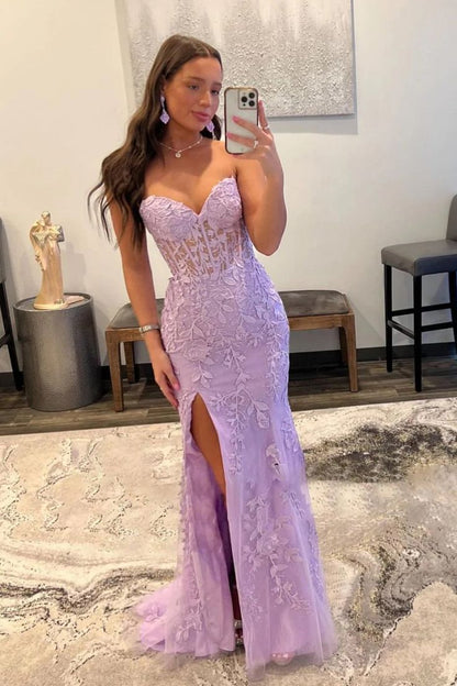 Purple Corset Sweetheart Long Lace Prom Dress with Slit      fg4660