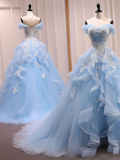 A-Line Sweetheart Neck Off Shoulder Tulle Lace Blue Long Prom Dress, B formalgowns A-Line Sweetheart Neck Off Shoulder Tulle Lace Blue Long Prom Dress, B formalgowns