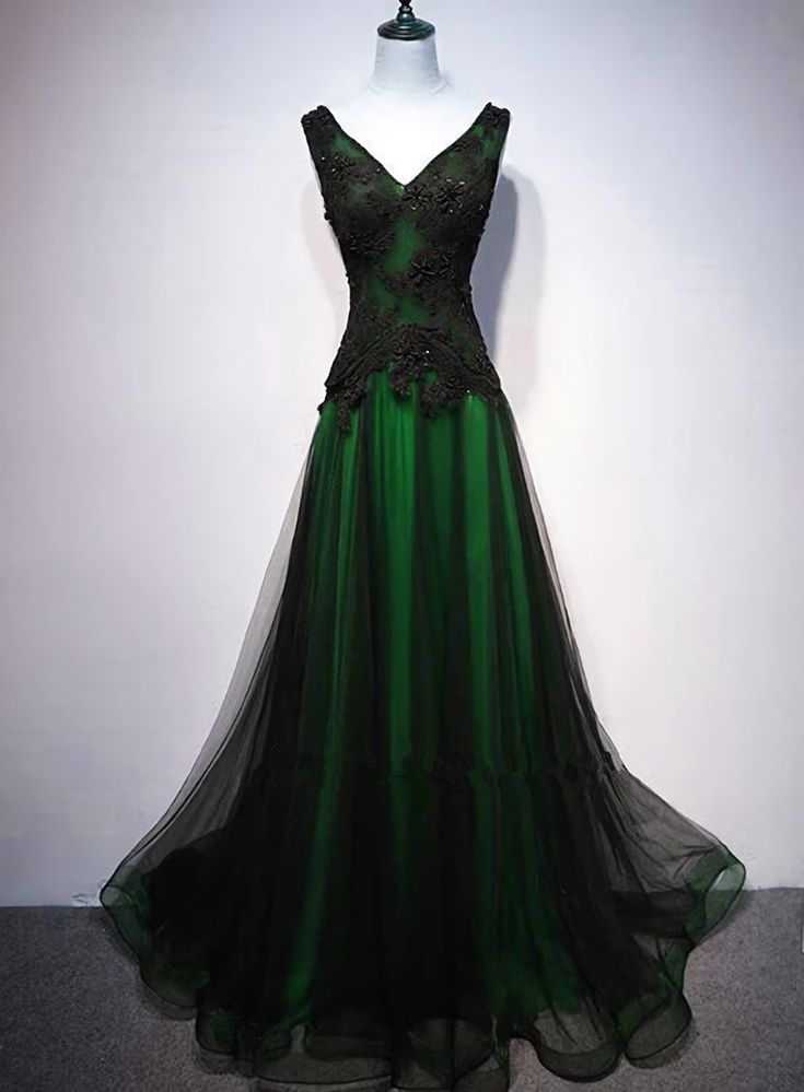 Chaming Black and Green Tulle V-neckline Long Party Dress, V-neckline Prom Dresses     fg5089