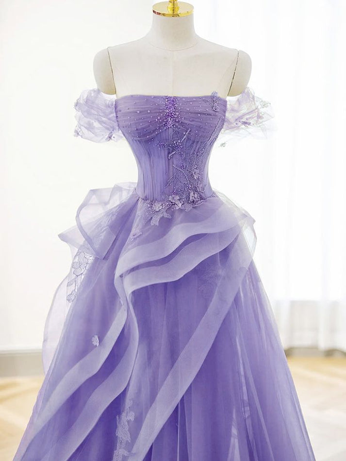 Purple A-Line Off Shoulder Tulle Beading Long Prom Dress