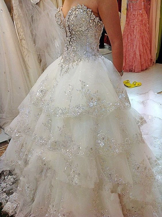 Luxury Ball Gown Fluffy Wedding Dresses Plus Size Tulle Lace Crystal Diamond Wedding Gowns     fg4424