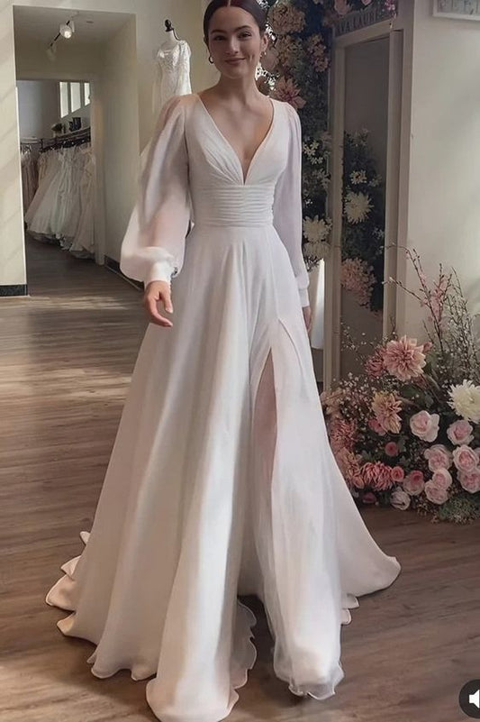 V Neck A Line Long Sleeve Chiffon Wedding Dress With Slit       fg5041