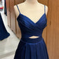 Pleated Straps Cut-Out Satin Long Prom Dress    fg4855