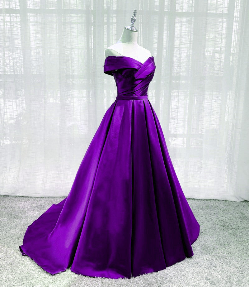 Purple Satin Off Shoulder Long Evening Dress Prom Dress, Purple A-line Party Dresses    fg4593