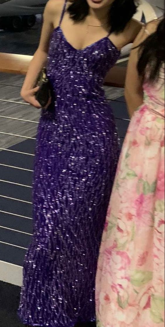 Sparkly Mermaid V Neck Purple Sequins Long Prom Dresses      fg4613