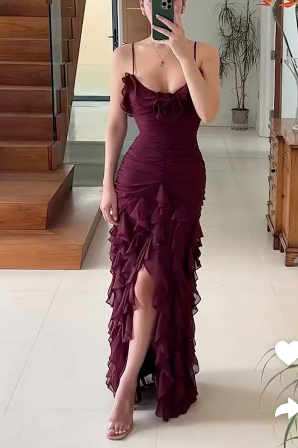 Classy Spaghetti Straps Chiffon Sequin Prom Dress Slit Evening Dress Y8321 main image 0