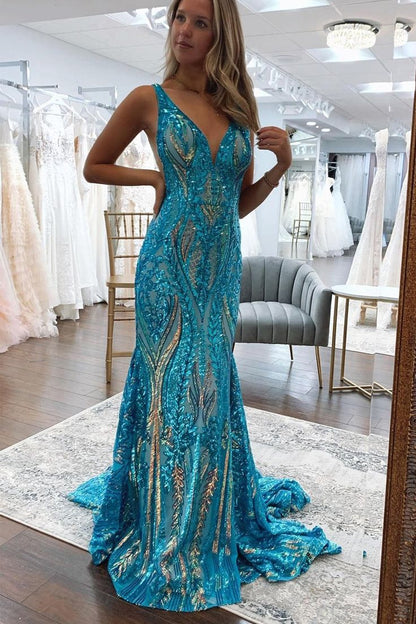 Sparkly Mermaid Deep V Neck Blue & Gold Sequins Lace Long Prom Dresses formalgowns Sparkly Mermaid Deep V Neck Blue & Gold Sequins Lace Long Prom Dresses formalgowns