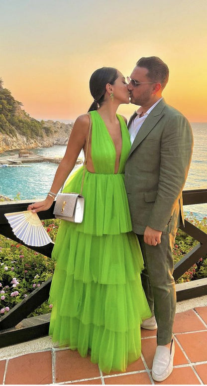 Elegant A-line V Neck Green Tiered Tulle Prom Dress,Green Prom Gown fg – formalgowns