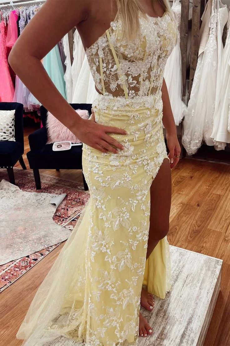 Yellow Floral Lace Backless Mermaid Long Prom Gown with Slit fg4829 formalgowns Yellow Floral Lace Backless Mermaid Long Prom Gown with Slit fg4829 formalgowns