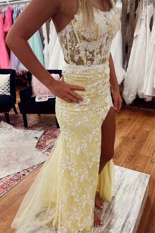 Yellow Floral Lace Backless Mermaid Long Prom Gown with Slit     fg4829