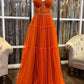 A-line Burnt Orange Spaghetti Straps Modest Formal Long Women Evening Prom Dresses      fg4779