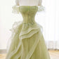 A-Line Off Shoulder Tulle Lace Green Long Prom Dress, Green Lace Long Formal Dress     fg4818