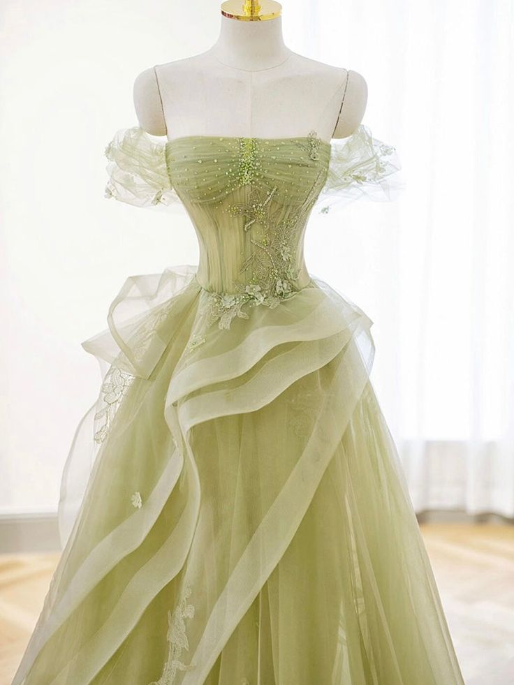 A-Line Off Shoulder Tulle Lace Green Long Prom Dress, Green Lace Long Formal Dress     fg4818