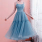 Blue A-line Tulle Midi Bridesmaid Dress   fg4460