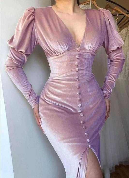 Pink V neck Velvet Front Slit Prom Dress Fashion Party Dress       fg4627