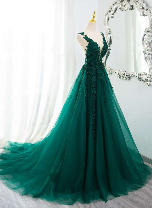 Dark Green Tulle V-Neckline Party Dress With Lace, Dark Green Tulle Prom Dress     fg4933