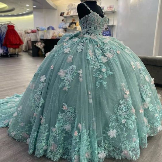 Green Princess Ball Gown Quinceanera Dresses With Bow Appliques Sweet 16 Dress Vestidos De 15 anos    fg4586