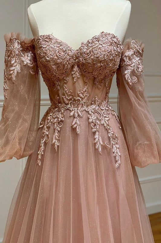 A-Line Tulle Lace Long Prom Dresses, Off the Shoulder Lace Formal Dresses      fg4471
