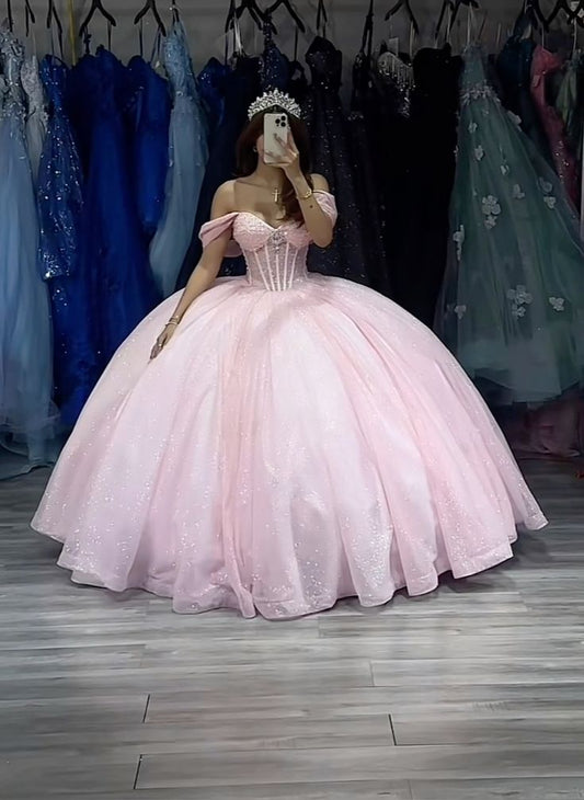 A-line Off The Shoulder Tulle Prom Dress Baby pink quince dress Ball Gowns      fg5244