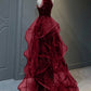 Robe de bal longue rouge vin à paillettes et tulle, dos nu, robe de soirée rouge vin fg4470