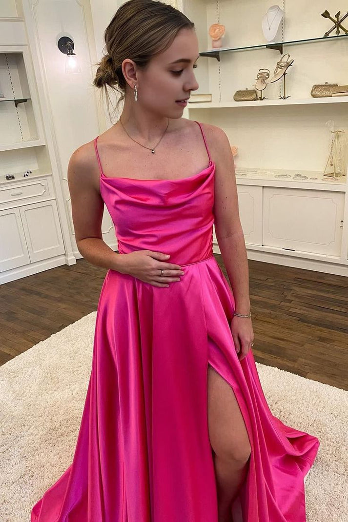 A-Line V-Neck Spaghetti Straps Pink Split Side Cheap Long Prom Dresses,RBPD0057
