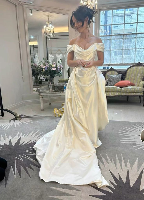 Champagne Satin A Line Off The Shoulder Wedding Dress main image 1