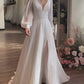 V Neck A Line Long Sleeve Chiffon Wedding Dress With Slit       fg5041