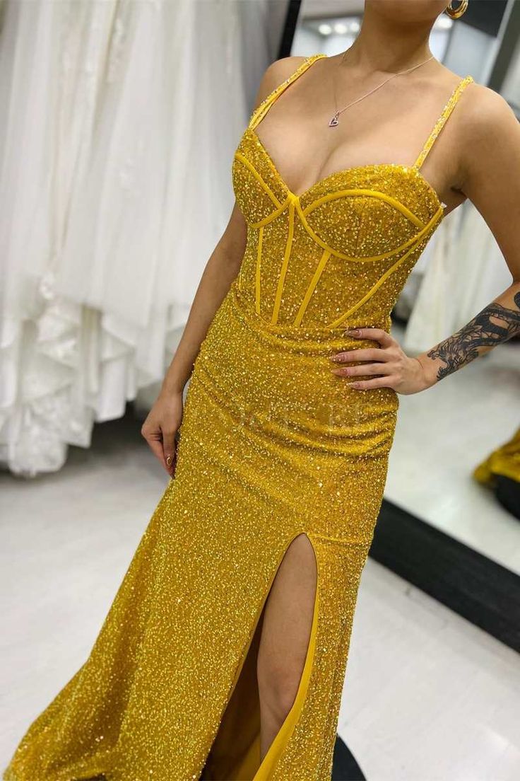 Sparkle Yellow Mermaid Long Evening Prom Dress       fg4785