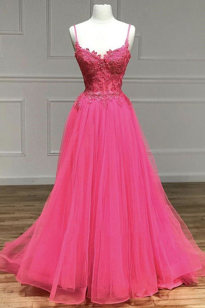 Hot Pink Floral Spaghetti Straps A-line Long Prom Dress       fg4804