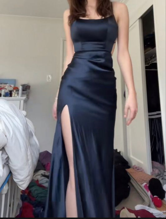black formal dress with slit long prom dress          fg4972