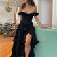 A-Line Off Shoulder Black Prom Party Dress with Slit     fg4896