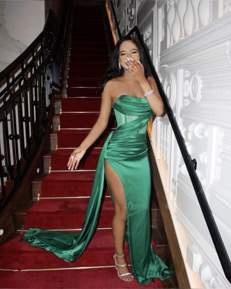 Stapless Mermaid Prom Dresses for Black Girls High Slits Pleats Beadin – formalgowns