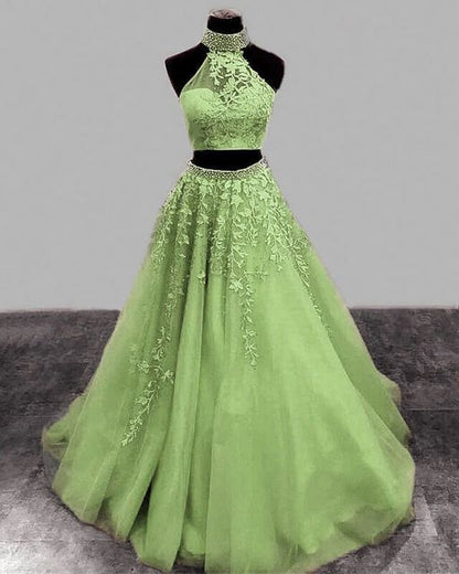 Sage Green Prom Dresses Two Piece Lace Embroidery Beaded Halter Formal formalgowns Sage Green Prom Dresses Two Piece Lace Embroidery Beaded Halter Formal formalgowns