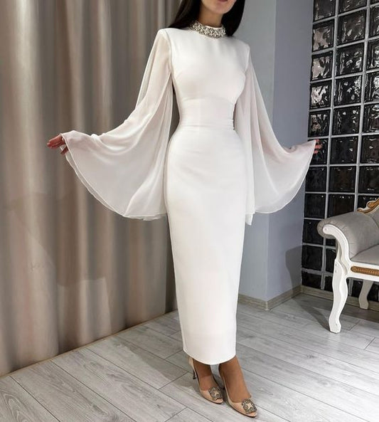 White Long Sleeves Evening Dress Custom Made Ankle Length Prom Gown    fg4587