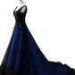 Black and Blue V-neckline Lace Applique Long Formal Dress, Black and Blue Prom Dress      fg5072