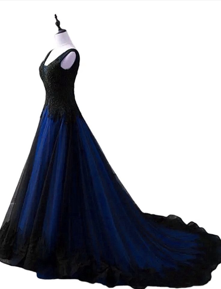 Black and Blue V-neckline Lace Applique Long Formal Dress, Black and Blue Prom Dress      fg5072