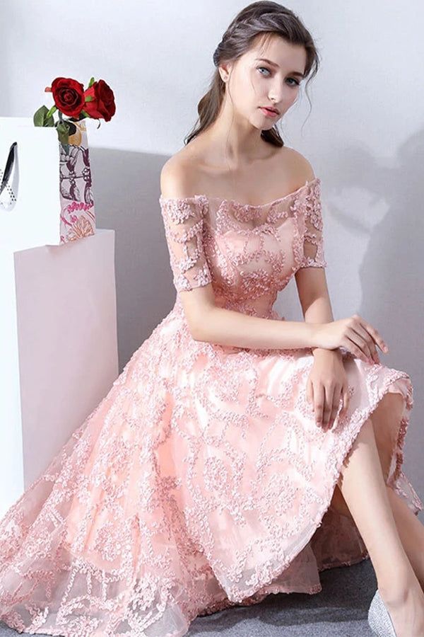 High Low Pink Lace Homecoming Dress Off The Shoulder Short Prom Dress      fg5026