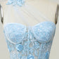 A Line One Shoulder Sky Blue Long Prom Dress with Appliques        fg4713