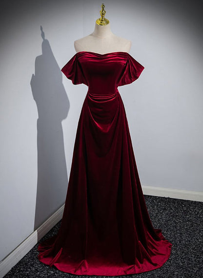 Velvet Off Shoulder A-line Long Party Dress, Floor Length Prom Dress f – formalgowns