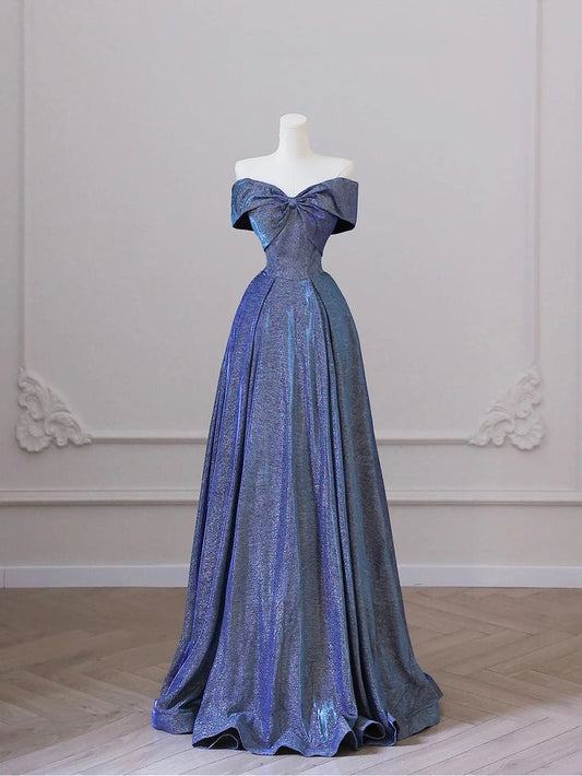 Shiny Off the Shoulder Floor Length Blue A-Line Prom Dress      fg5183