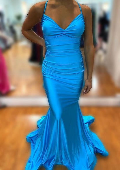 Robe de bal sirène/trompette à col en V, sans manches, traîne et plis fg4726