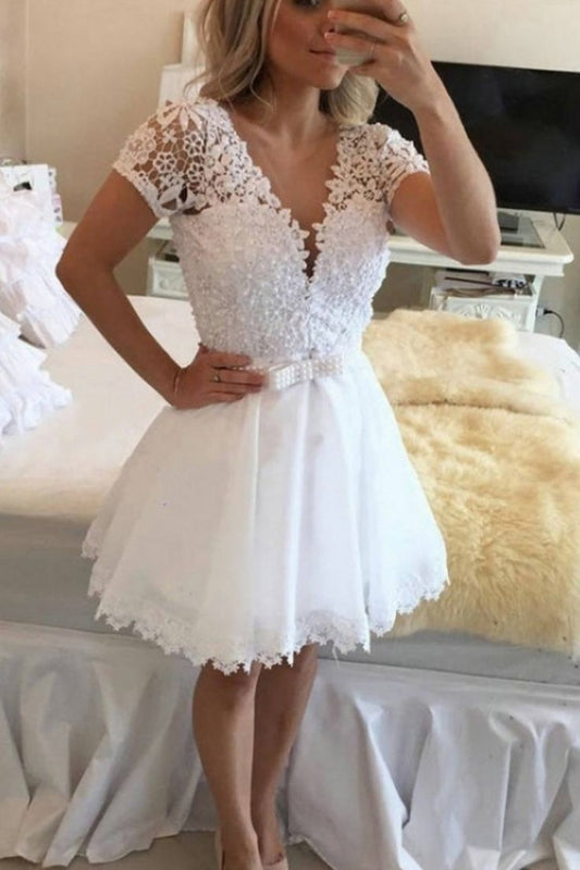 2024 Chiffon V Neck Short Sleeve with Appliques A Line Homecoming Dresses       fg4805