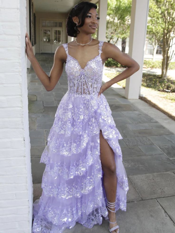 Lilac Sequin Lace Ruffles Prom Dress Split Evening Gown     fg5109