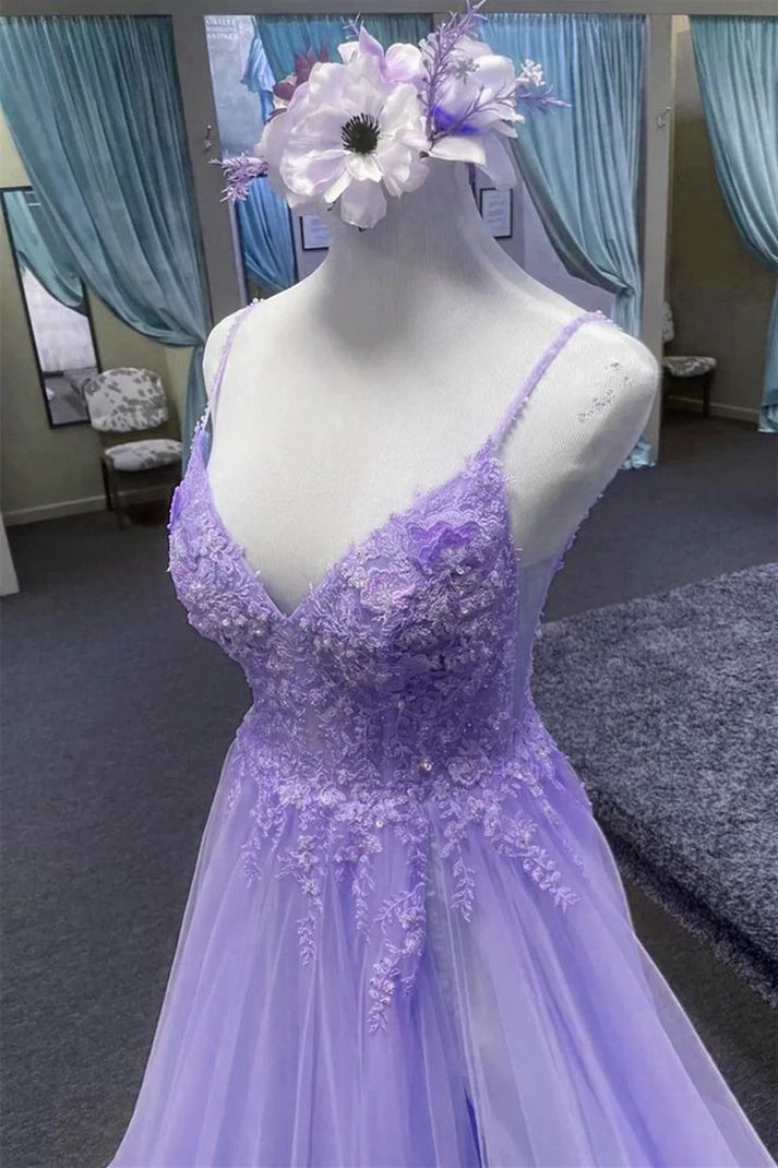 Beautiful Light Purple Tulle Dress, White Lace and Lavender Prom Dress main image 1