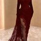 Elegant Prom Dress Lace Asymmetric With High Slit Gloves Burgundy Evening Dress      fg5168