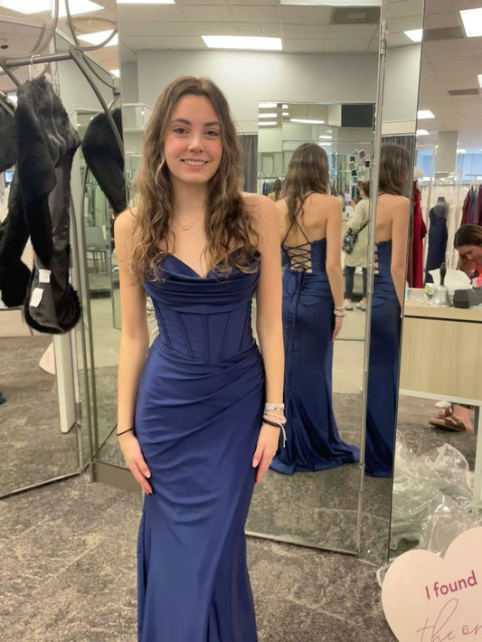 Navy Blue Spaghetti Straps Long Prom Dress Evening Dresses         fg4964