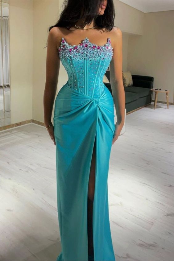 Luxury Crystal Mermaid Evening Dresses Sparkle Satin Crown Beaded Formal Party Prom Dresses     fg5170