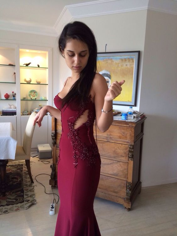 Mermaid Burgundy Spaghetti Straps Beaded Long Evening Prom Dresses, Sweetheart Prom Dress      fg4862