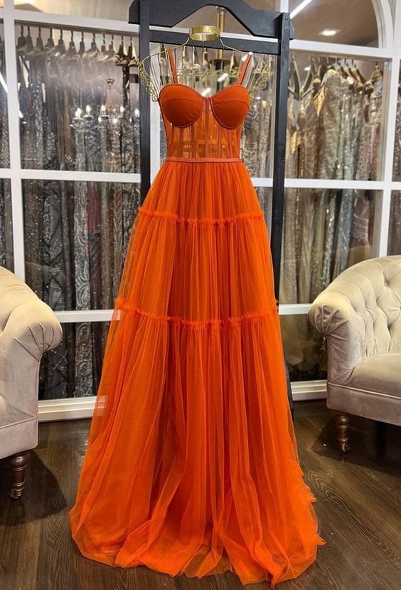 A-line Burnt Orange Spaghetti Straps Modest Formal Long Women Evening Prom Dresses      fg4779