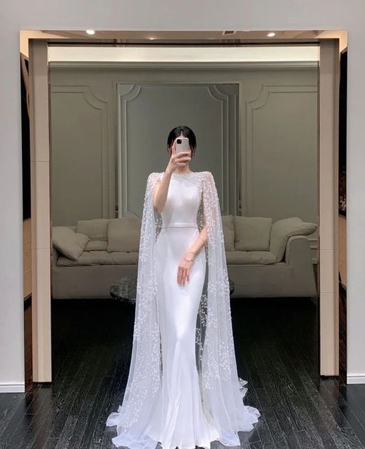 White Cape Elegant Formal Evening A-line Long Prom Dresses       fg4782